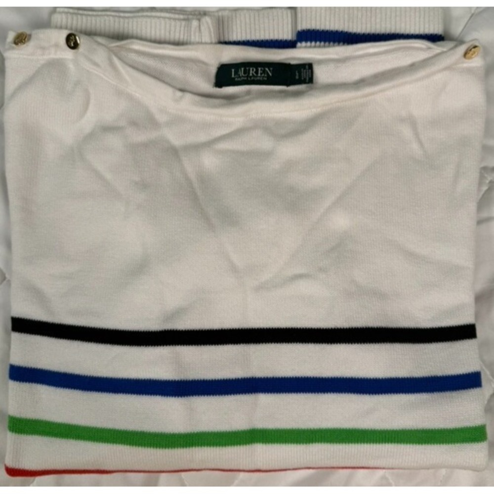 Lauren Ralph Lauren Women's Sweater Size L White Multicolor Stripe‎ Gold Button